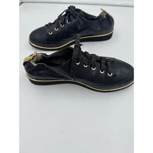 Ron White Nicole Leather Onyx Black and Gold Lace up Sneakers Size 40/9US - Picture 3 of 11